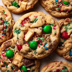 A plate of Christmas Kitchen Sink Cookies with festive decorations and toppings.