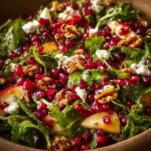 Christmas salad topped with honey mustard dressing served on a festive table