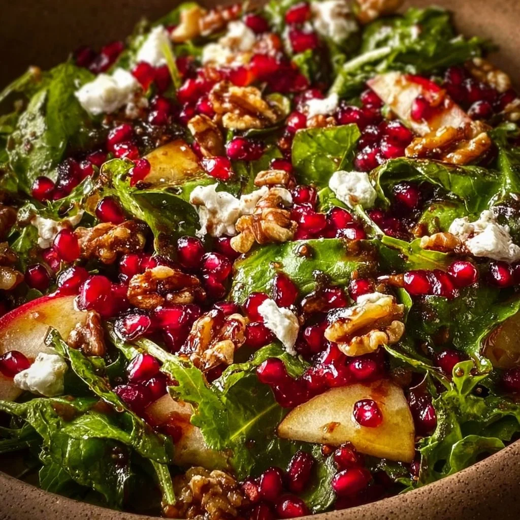 Christmas salad topped with honey mustard dressing served on a festive table
