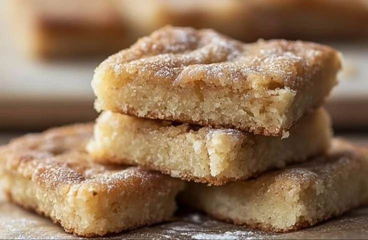 Delicious stack of cinnamon sugar blondies on a white plate