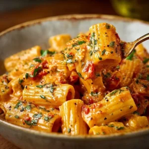 Creamy tomato garlic pasta served in a bowl garnished with basil