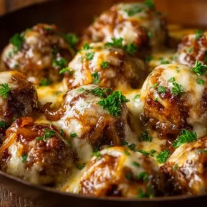 Crockpot French onion meatballs served on a plate with melted cheese