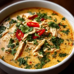 Bowl of creamy Crockpot Thai Coconut Chicken Soup with fresh herbs