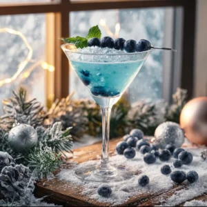 Frostbite Blueberry Martini garnished with blueberries and served in a chilled glass