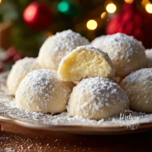Freshly baked Lemon Cream Snowball Cookies dusted with powdered sugar.