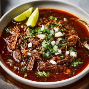 Delicious plate of Mexican beef birria with savory broth and spices