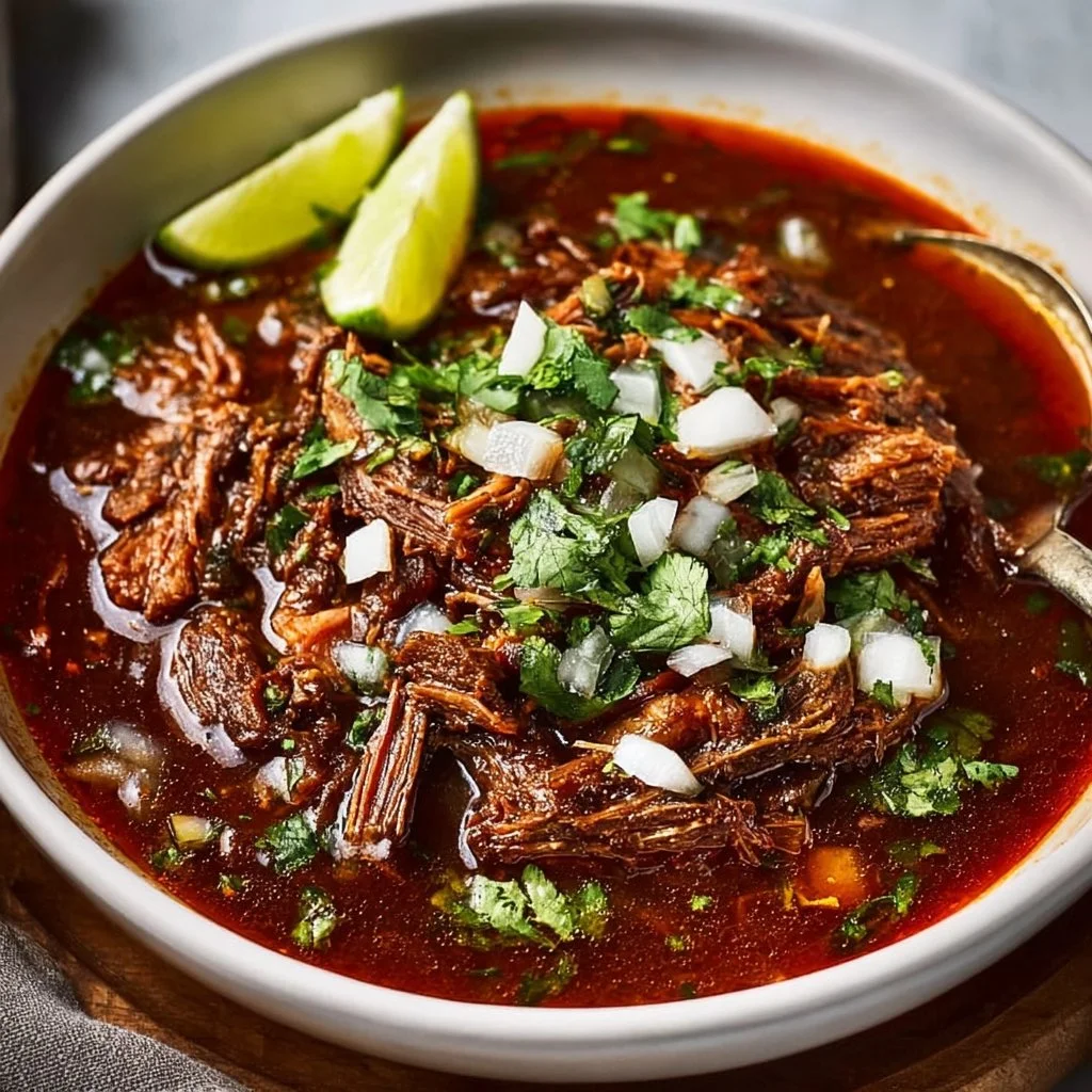 Delicious plate of Mexican beef birria with savory broth and spices
