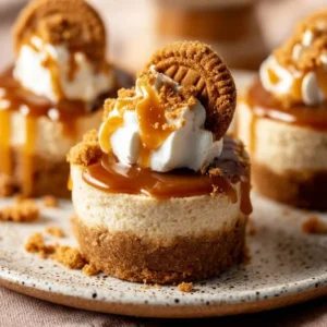 Mini no bake Biscoff cheesecakes topped with cookie crumbles