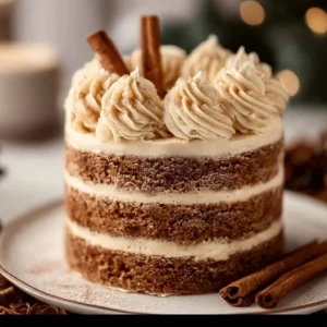 Moist Christmas spice cake with eggnog buttercream frosting on a festive table