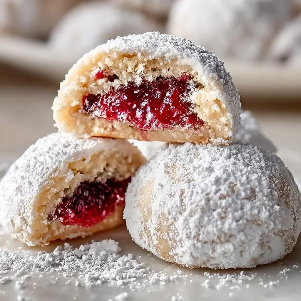 Delicious Raspberry Almond Snowball Cookies dusted with powdered sugar