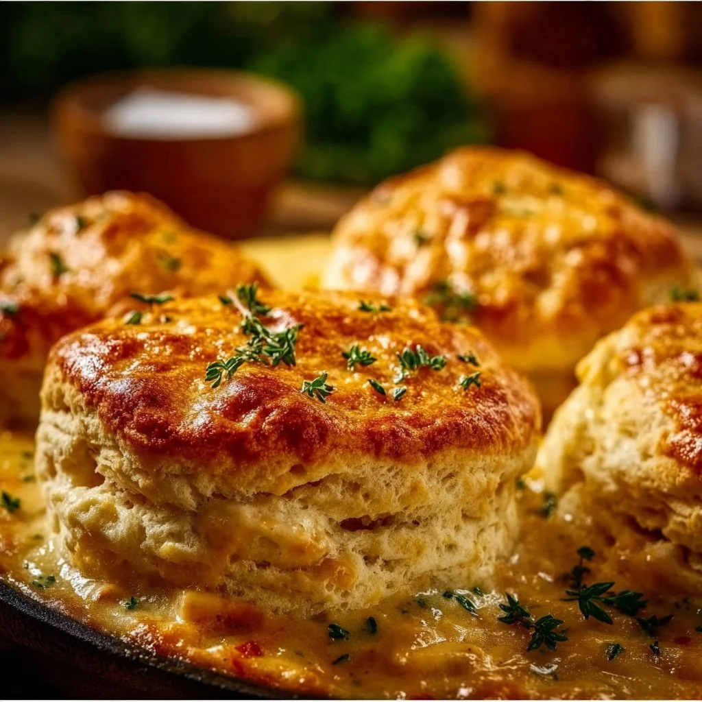 Delicious Red Lobster Biscuit Chicken Pot Pie with golden biscuits on top.