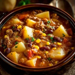 Delicious Slow Cooker Cowboy Casserole with beef, beans, and cheese
