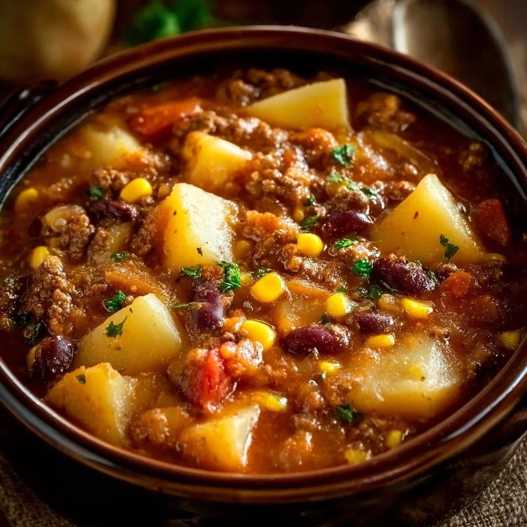 Delicious Slow Cooker Cowboy Casserole with beef, beans, and cheese