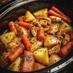 Slow cooker garlic butter chicken served with colorful veggies.