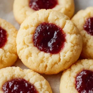 Soft Christmas thumbprint cookies with colorful jam filling on a festive plate