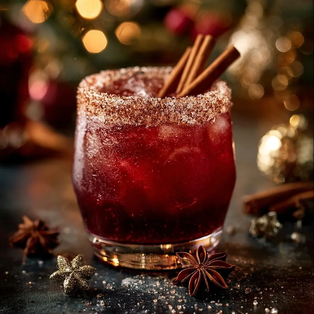 Spiced Christmas Margarita garnished with festive decorations