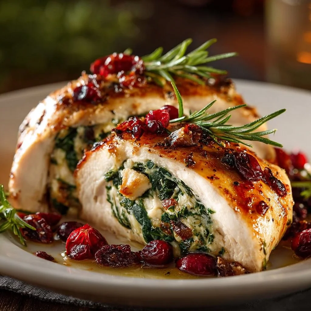 Spinach and cranberry stuffed chicken breasts served on a plate with garnish.