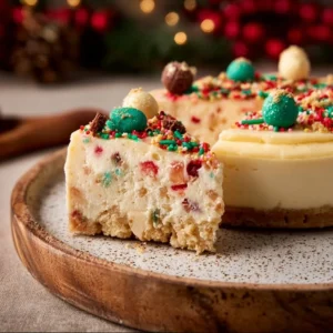 Delicious Sugar Cookie Cheesecake topped with colorful sprinkles