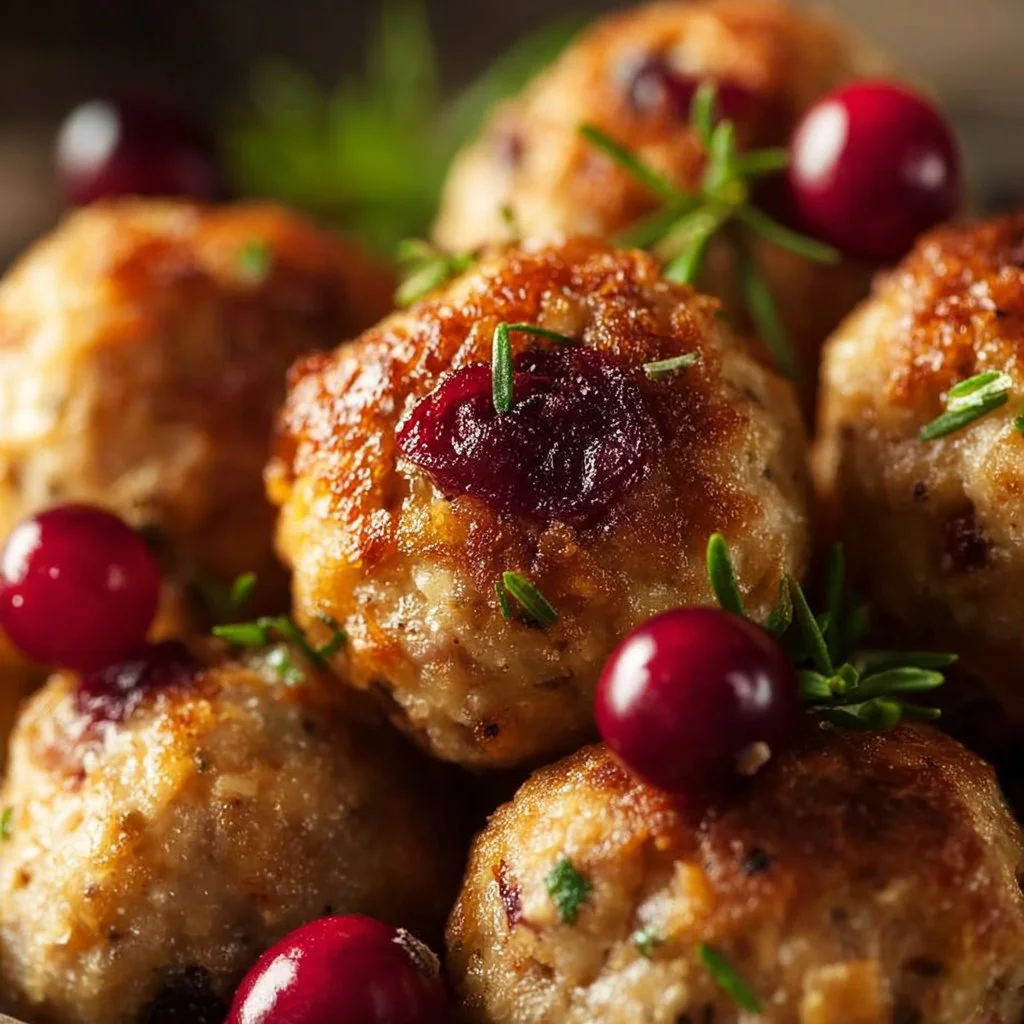A plate of golden Thanksgiving Stuffing Balls garnished with herbs, perfect for the holiday season