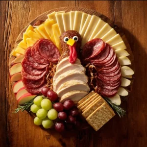 Festive turkey shaped charcuterie board with cheese, meats, and fruits.