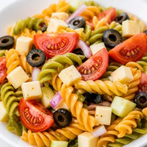 A vibrant summer pasta salad with fresh ingredients like tomatoes, mozzarella, and herbs.