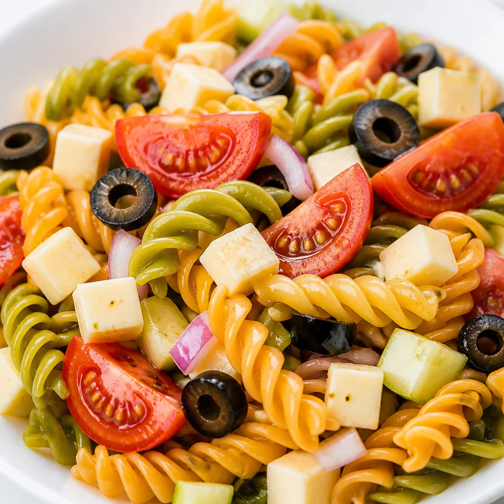 A vibrant summer pasta salad with fresh ingredients like tomatoes, mozzarella, and herbs.