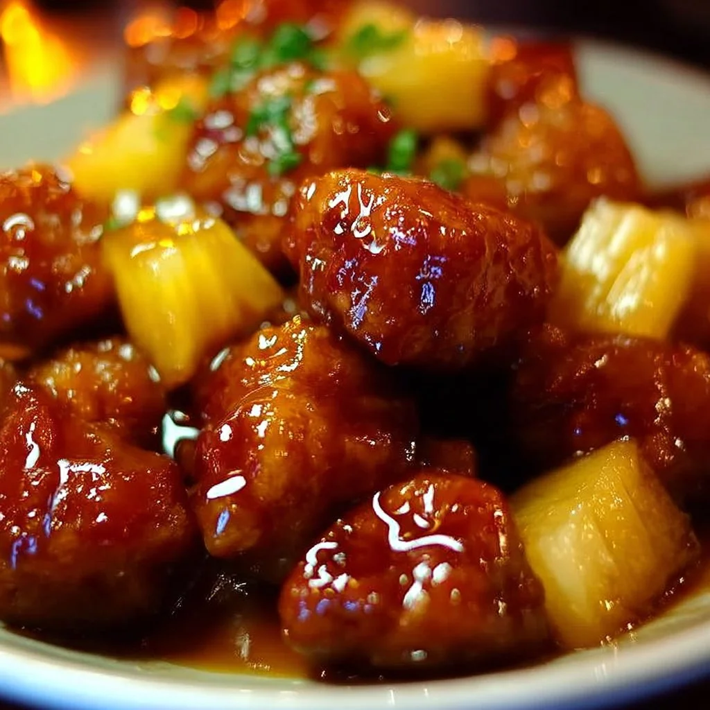 Delicious Brown Sugar Pineapple Chicken garnished with fresh herbs