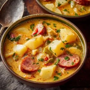 Bowl of flavorful Cajun Potato Soup topped with herbs