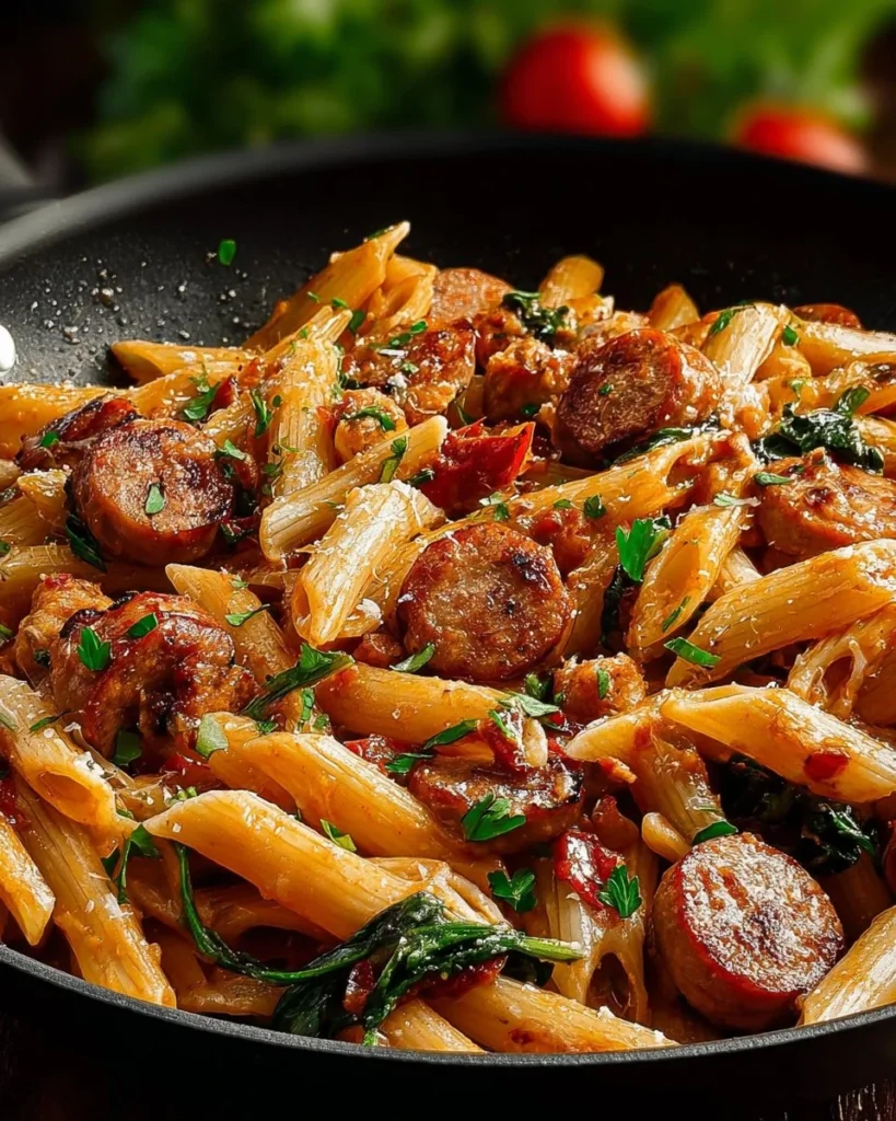 Delicious plate of Cajun Sausage Pasta with colorful ingredients