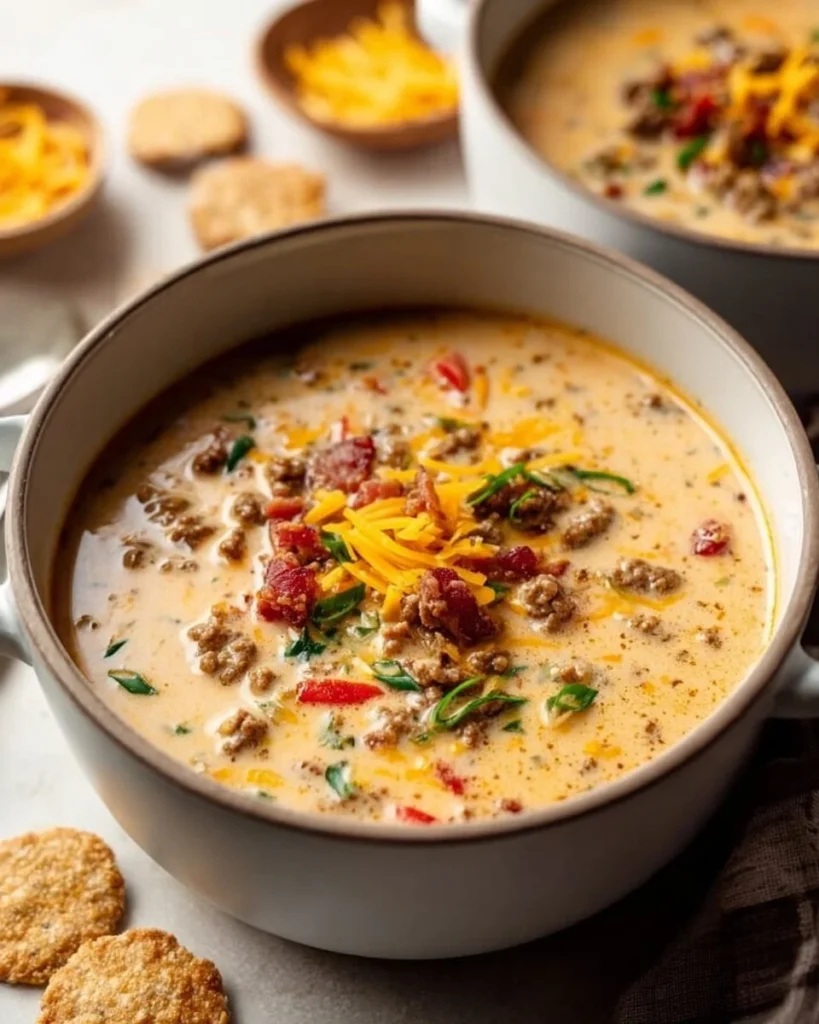 Bowl of creamy cheeseburger soup topped with cheese and herbs