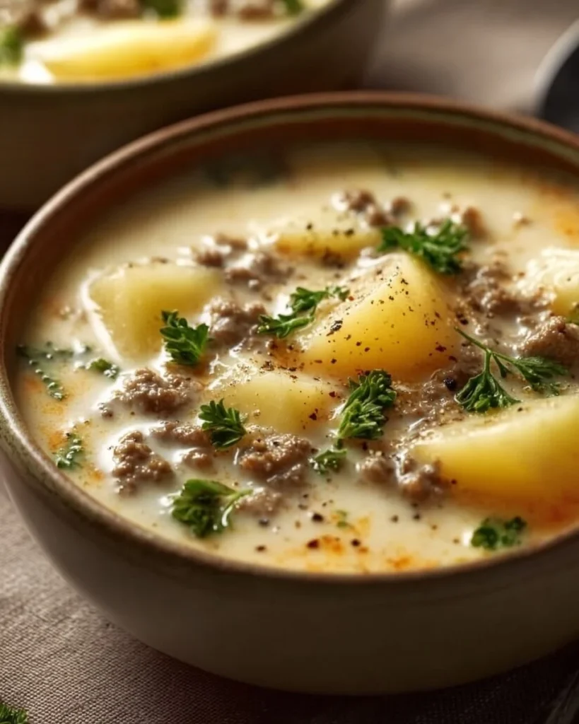 Bowl of Cheesy Hamburger Potato Soup garnished with herbs.