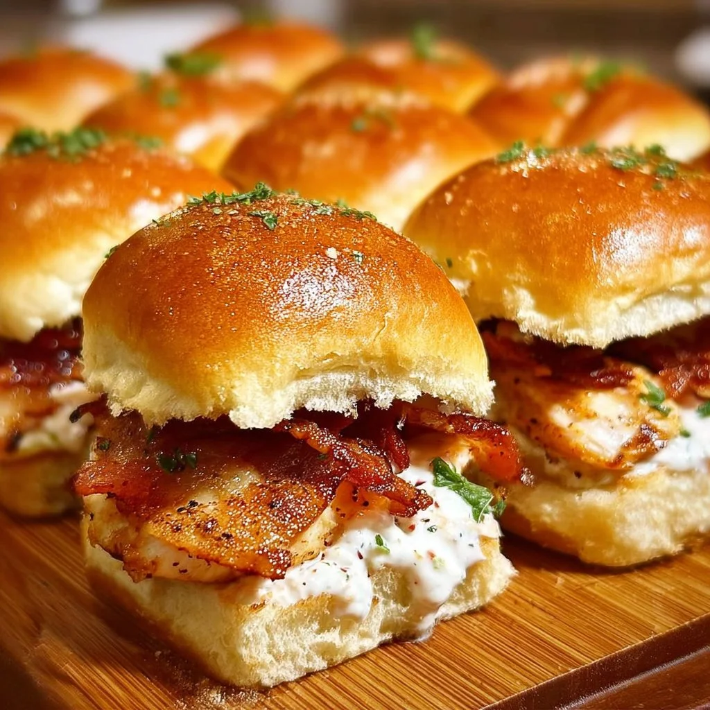 Delicious Chicken Bacon Ranch Sliders with crispy bacon and creamy ranch sauce