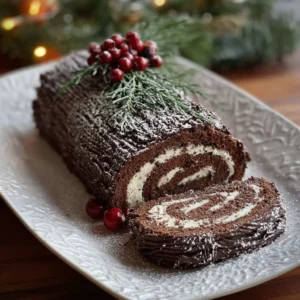 Delicious Chocolate Yule Log dessert decorated with festive toppings