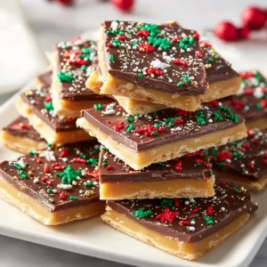 A festive plate of homemade Christmas Crack with chocolate and nuts.