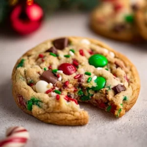 Batch of festive Christmas Kitchen Sink Cookies with chocolate, nuts, and candies