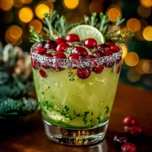 Delicious Christmas Mistletoe Margarita cocktail garnished with fresh mistletoe.