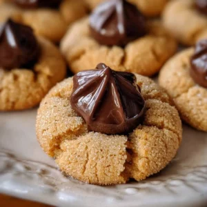 Delicious classic Peanut Butter Blossoms cookies topped with chocolate kisses.