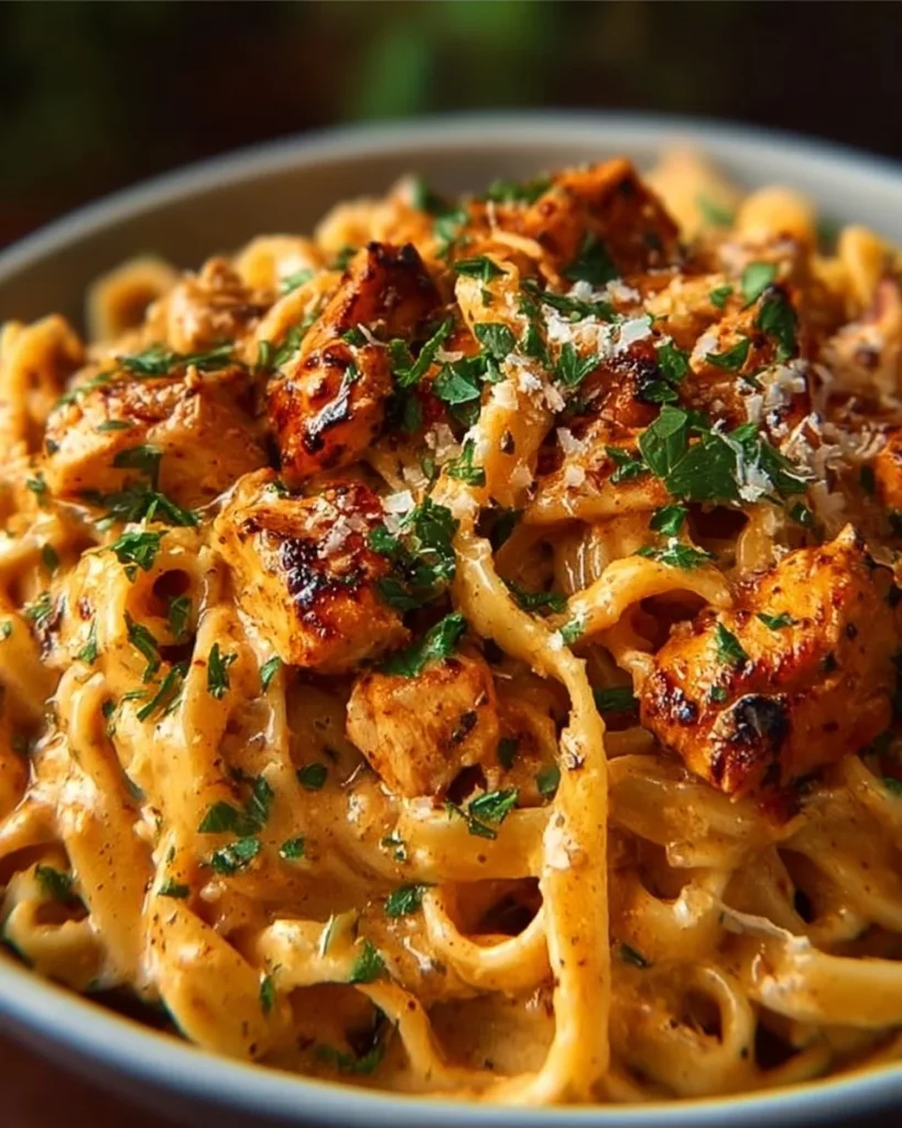 Cowboy Butter Chicken Pasta served in a bowl with herbs on top