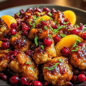 Cranberry Orange Chicken garnished with fresh herbs and orange slices