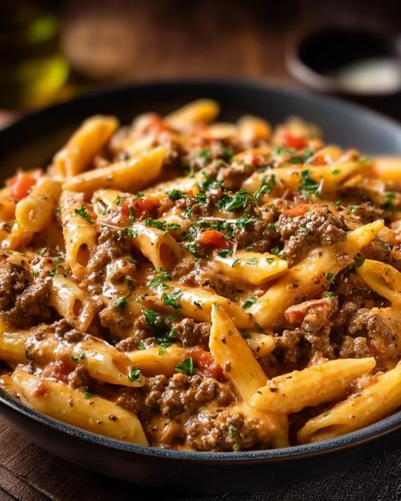 Creamy beef pasta dish served in a bowl, garnished with parsley.