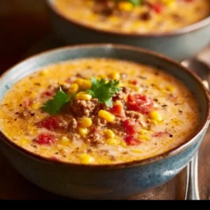 Creamy Cowboy Soup in a bowl garnished with herbs