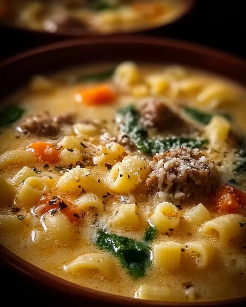 Creamy Italian sausage soup with vegetables in a bowl