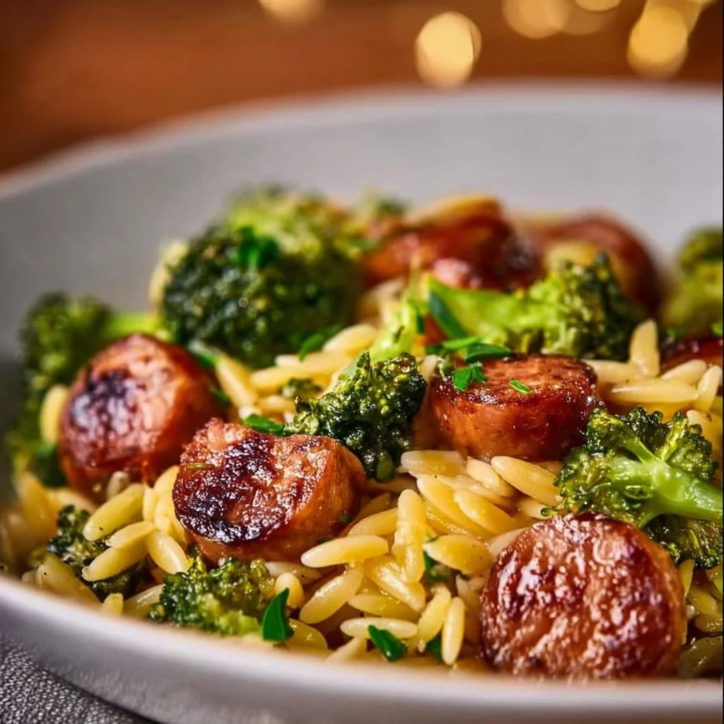 Creamy one-pan orzo with chicken sausage and broccoli dish
