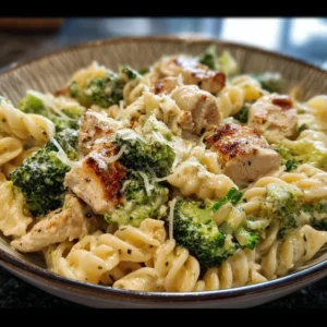 Creamy rotisserie chicken broccoli pasta served in a bowl with garlic bread.