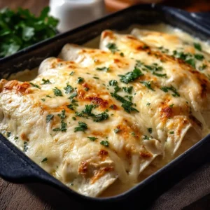 Creamy white chicken enchiladas topped with cheese and fresh herbs