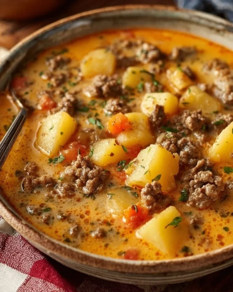 Delicious bowl of crockpot creamy potato hamburger soup garnished with herbs