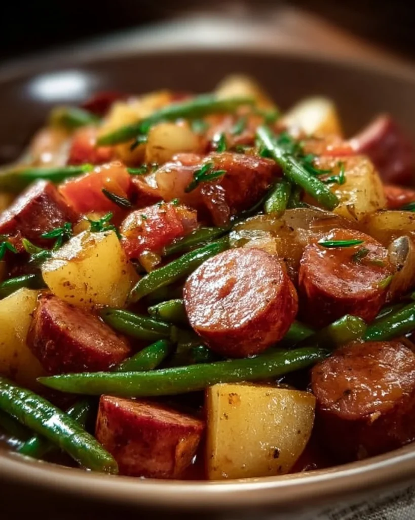 Crockpot Kielbasa with Green Beans served in a cozy bowl