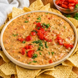 Creamy Rotel dip made with Velveeta cheese, Rotel tomatoes, and seasoned beef.