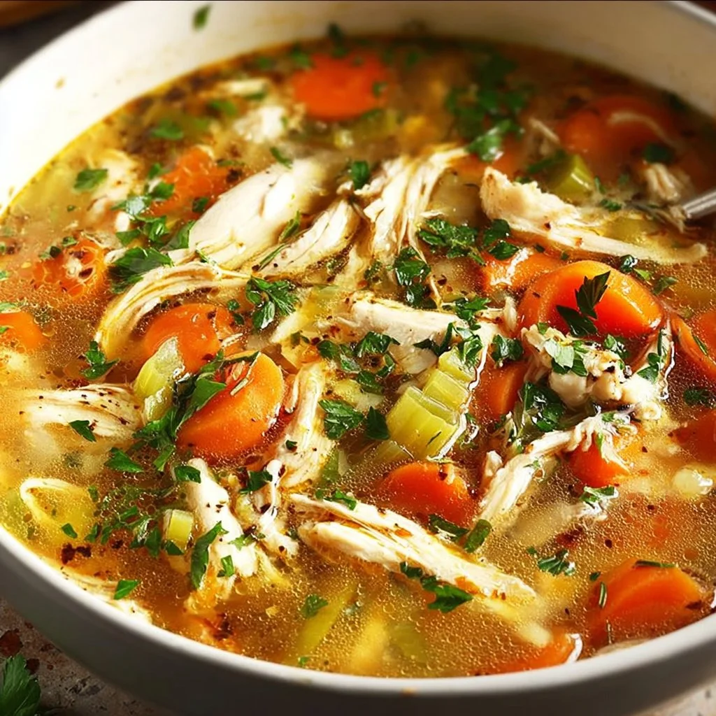 Bowl of easy and healthy homemade chicken soup with vegetables and herbs