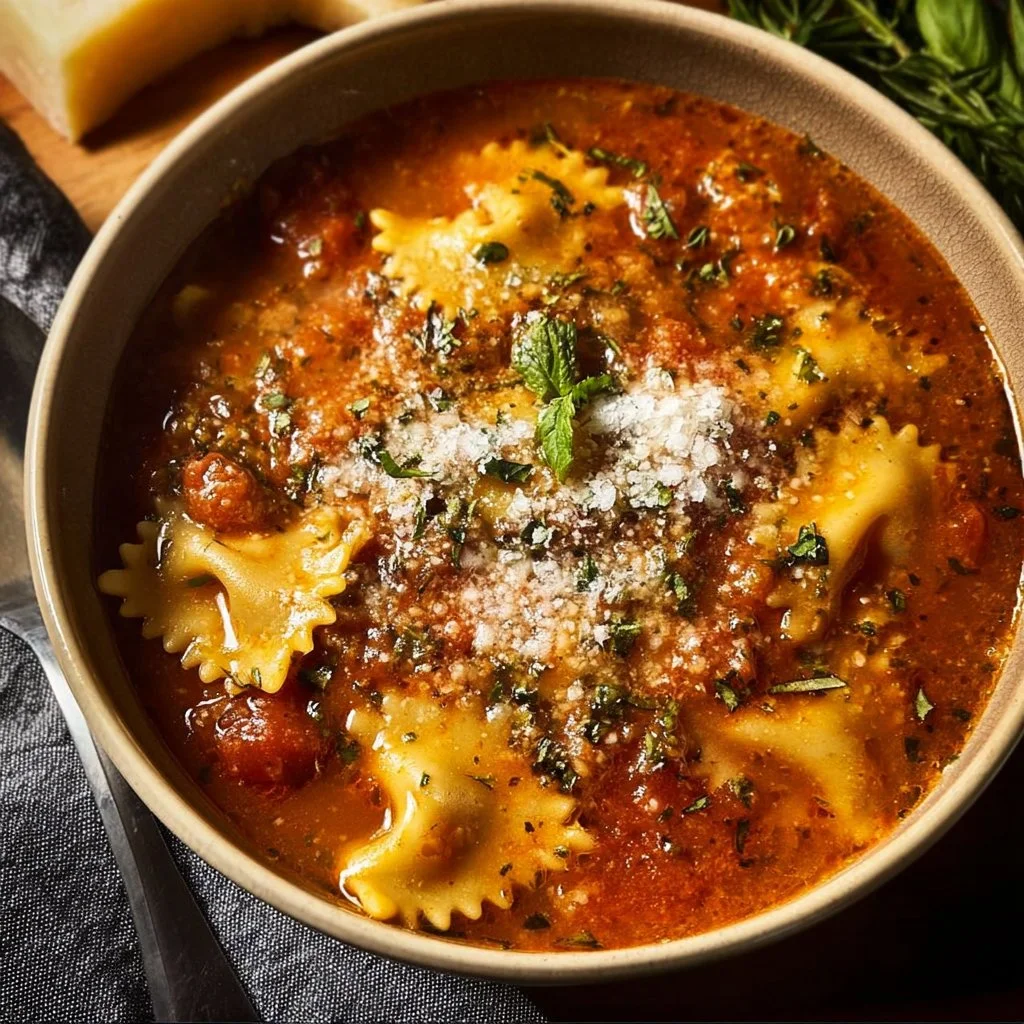 Bowl of easy creamy lasagna soup garnished with herbs and cheese